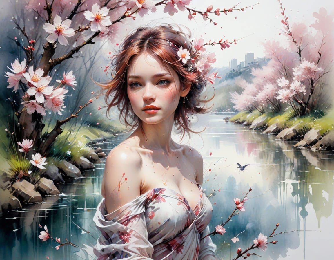 Cherry Blossoms on Riverside Path in Watercolour Style