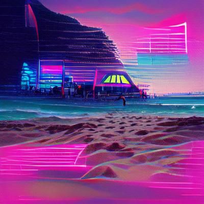 Synthwave Beach with Retro Neon Lights