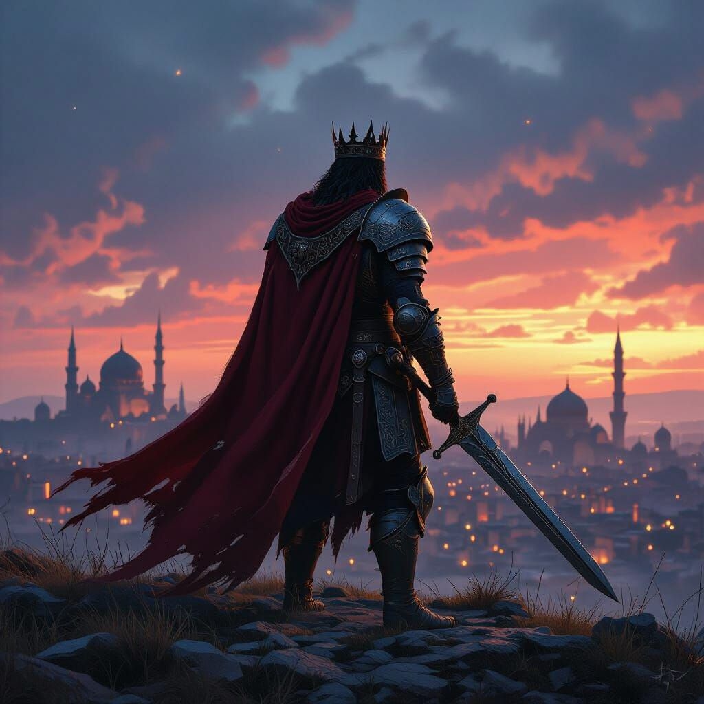 King on Cliff at Twilight in Persian Ruins