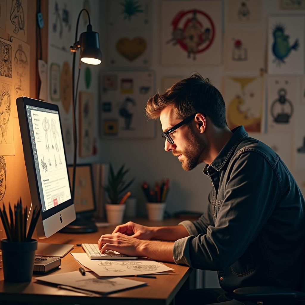 Focused Man Working in Minimalist Studio