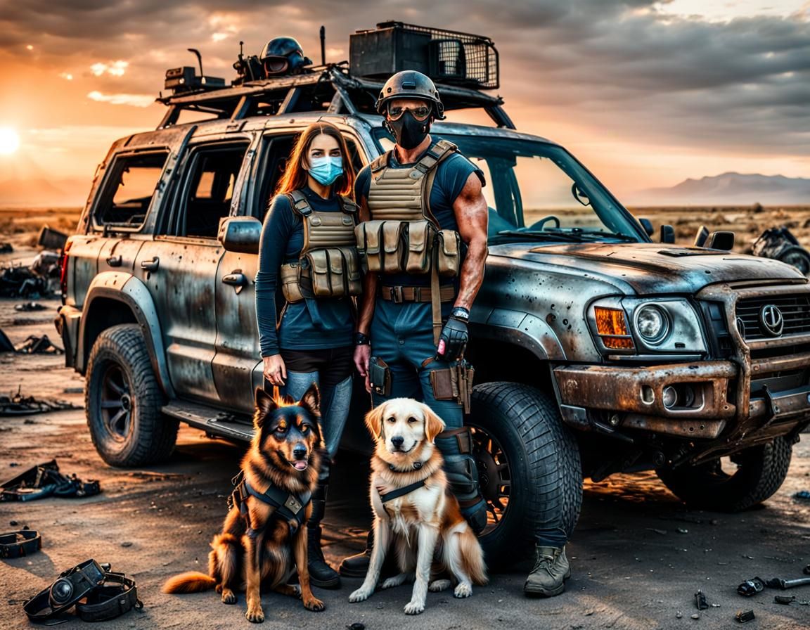 Post-Apocalyptic Family at Sunset in the Wasteland