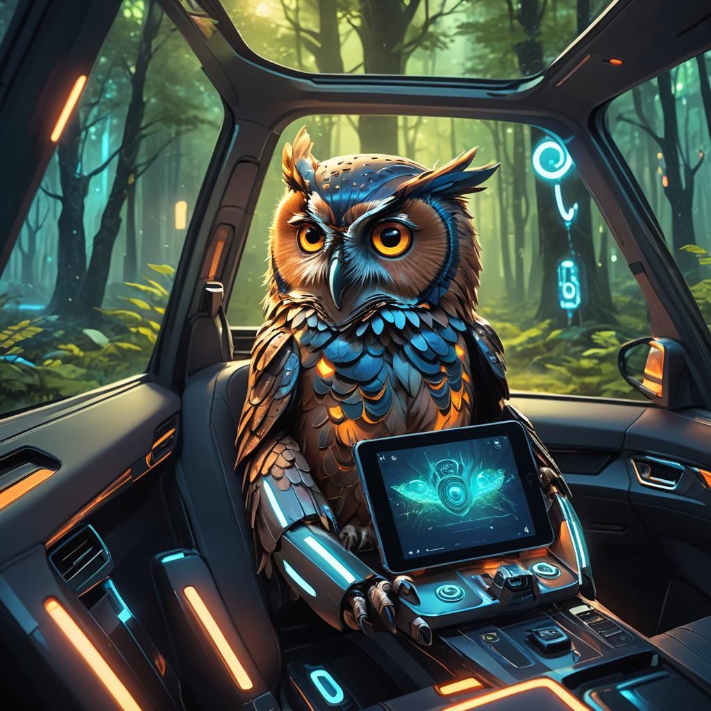 Owl Driving Futuristic Car in Magical Forest