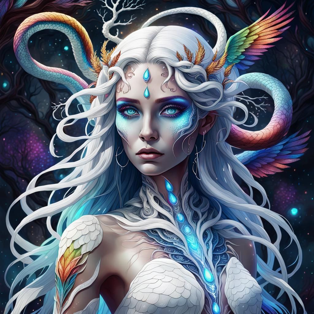 Rainbow Goddess with Snake Wings, in Psychedelic Style
