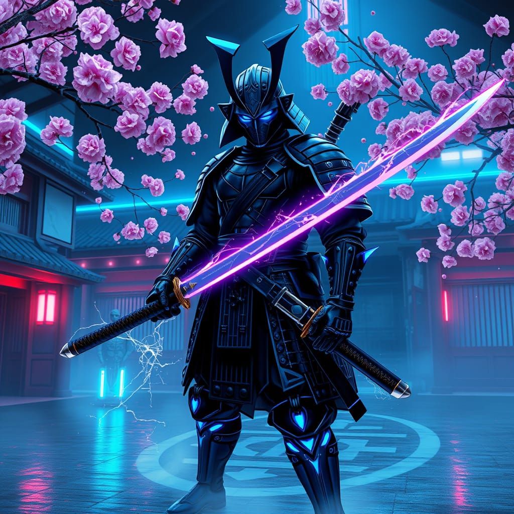 Cyberpunk Samurai Warrior in Neon Dojo