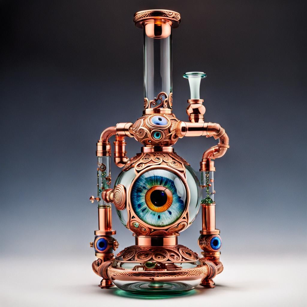 Intricate Glass Bong with Copper Details and Eyeball