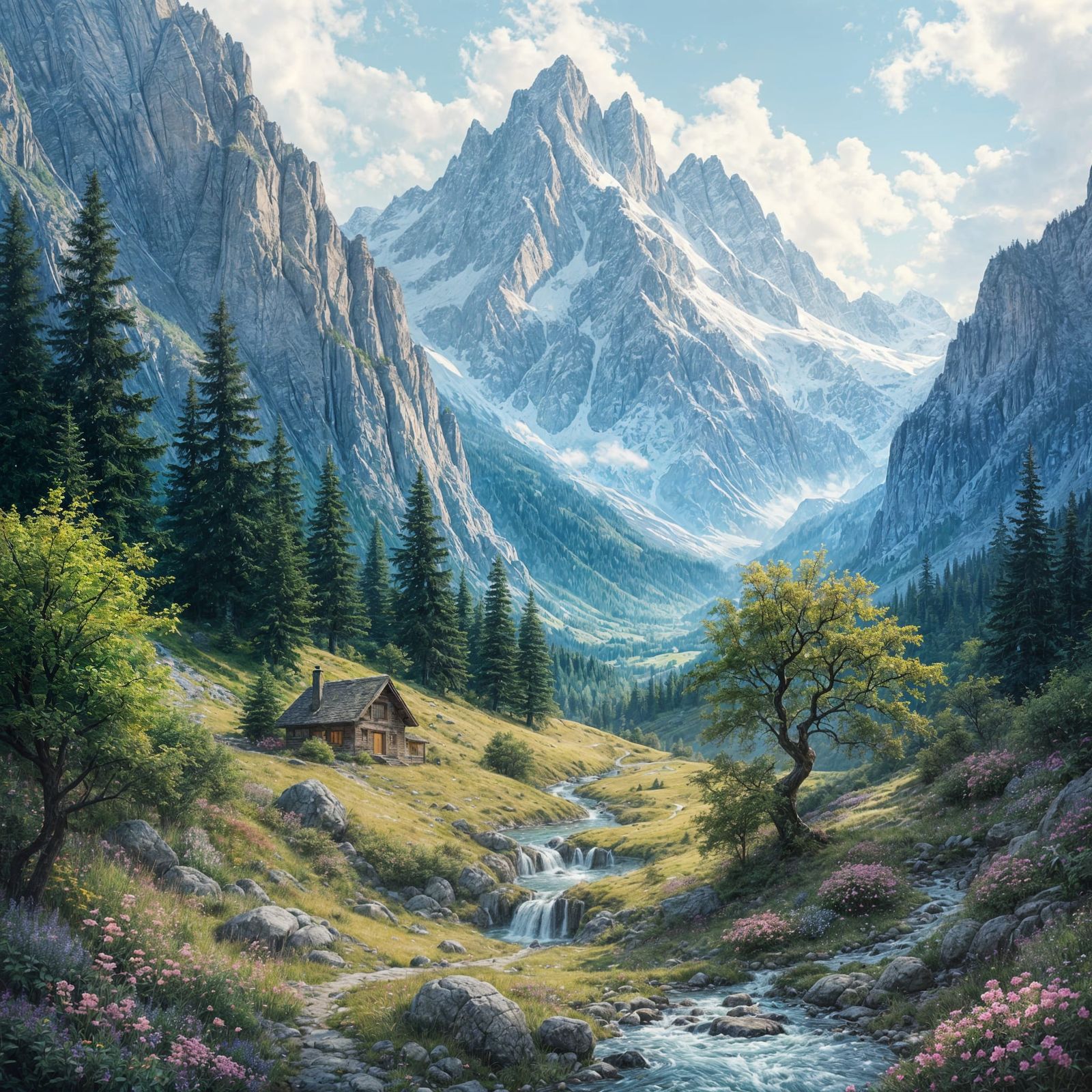 Whimsical Alpine Fantasy in Pastel Hues