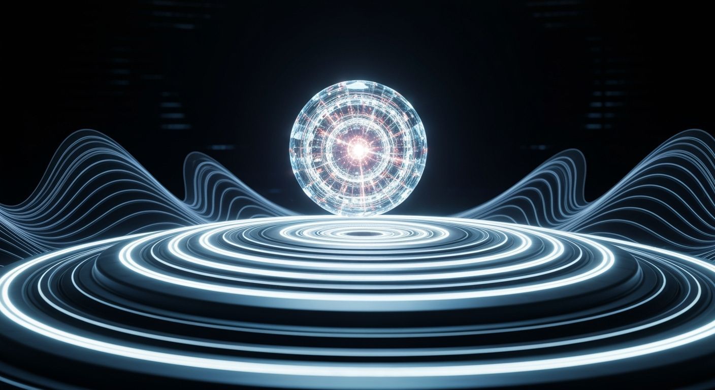 Futuristic UFO Engine Core with Glowing Crystal Sphere