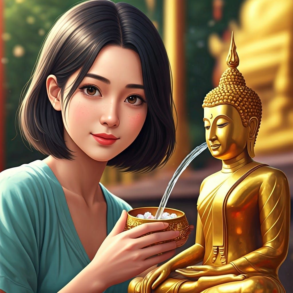 Thai Woman Brings Good Luck to Buddha with Water Pouring Cer...