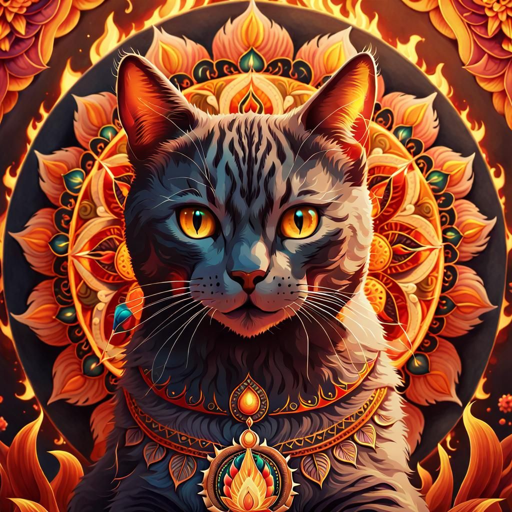 Fiery Cat Mandala: Detailed Digital Art