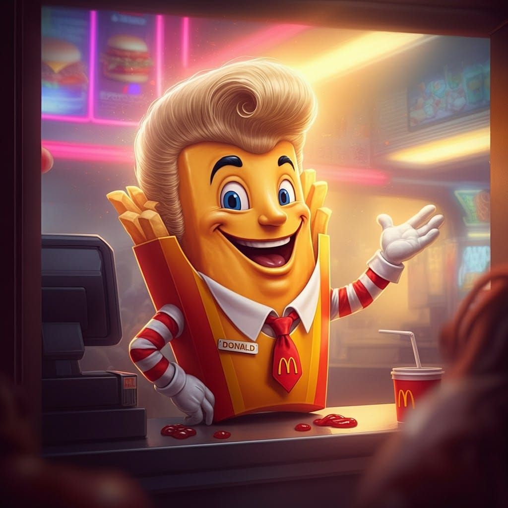 A giant, anthropomorphic french fry resembling Donald, with ...