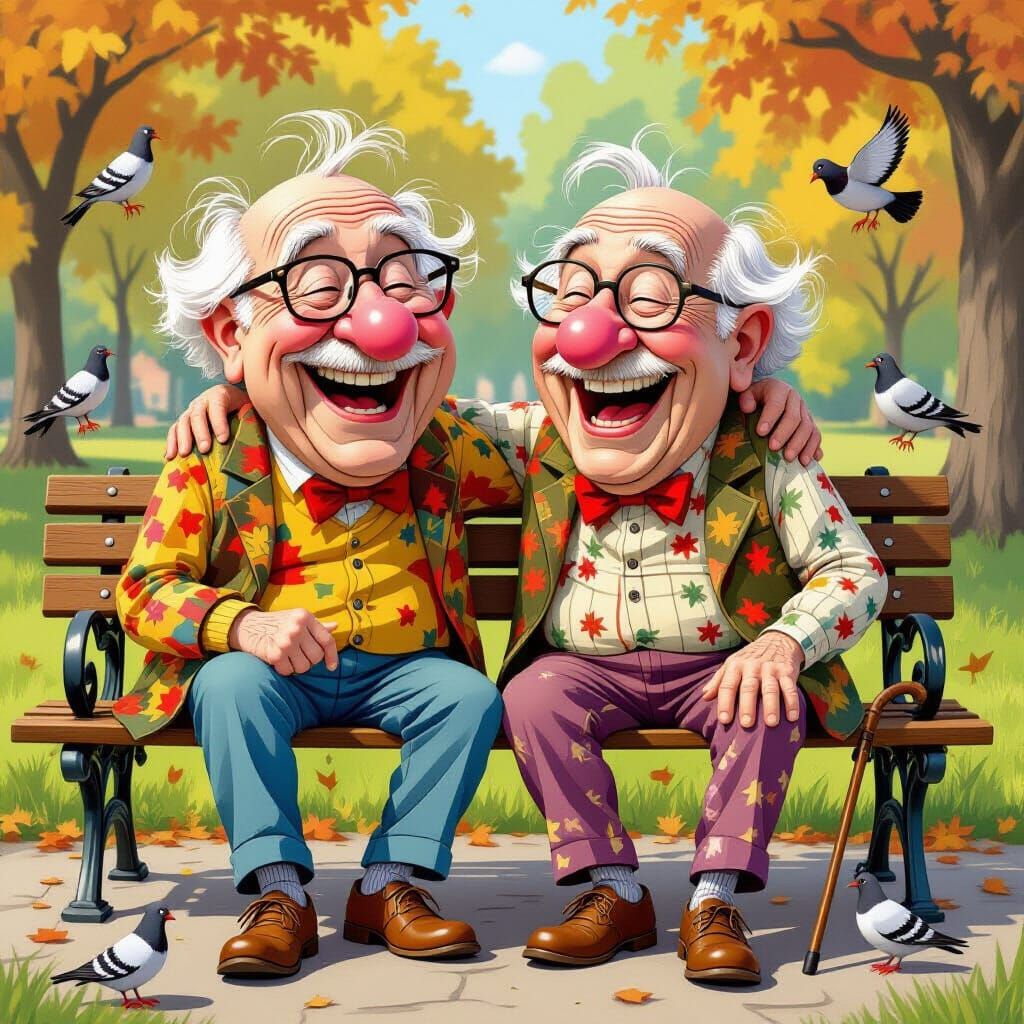 Two Old Friends Laughing in Cartoon Style