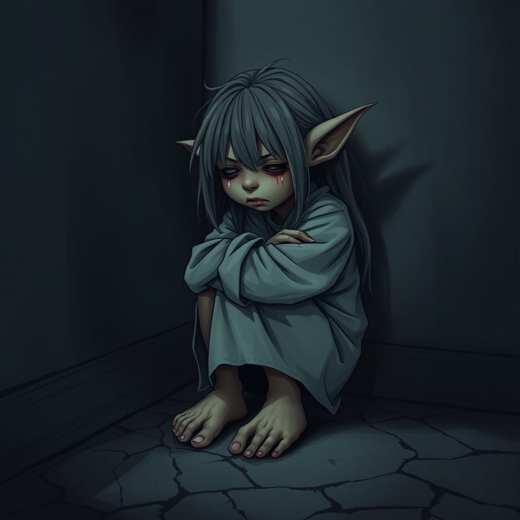 Sad Goblin Girl in Dark Room with Moody Lighting