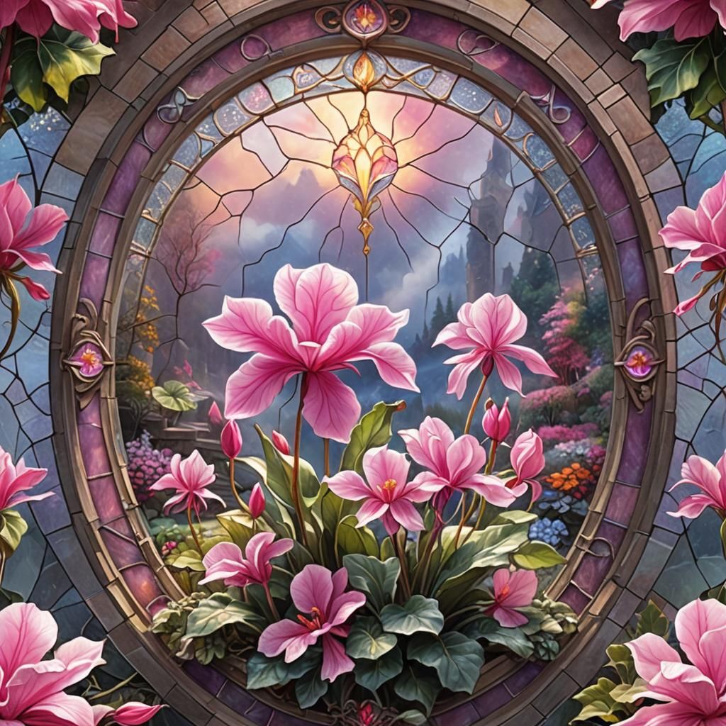Stained Glass Cyclamen Flower: Ethereal Digital Painting