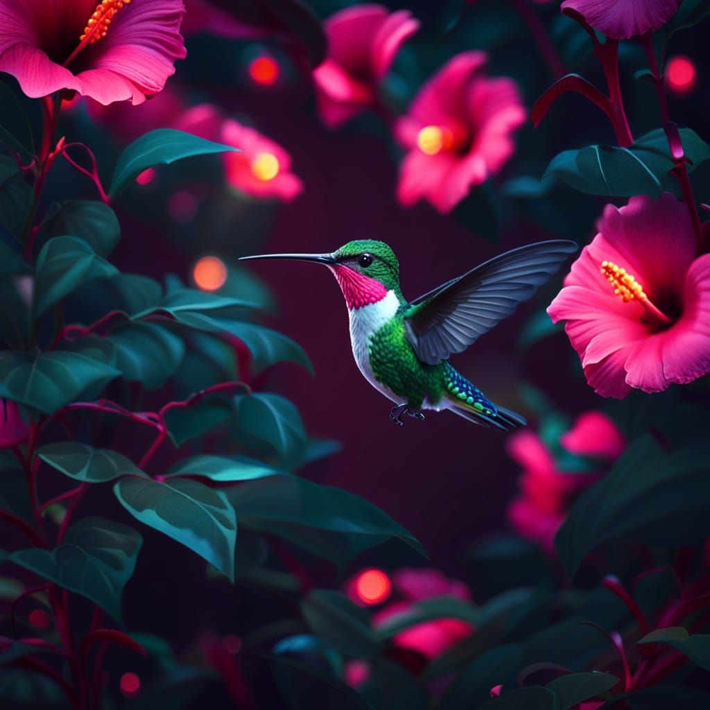 Pink Hummingbird in Hibiscus Garden with Candles