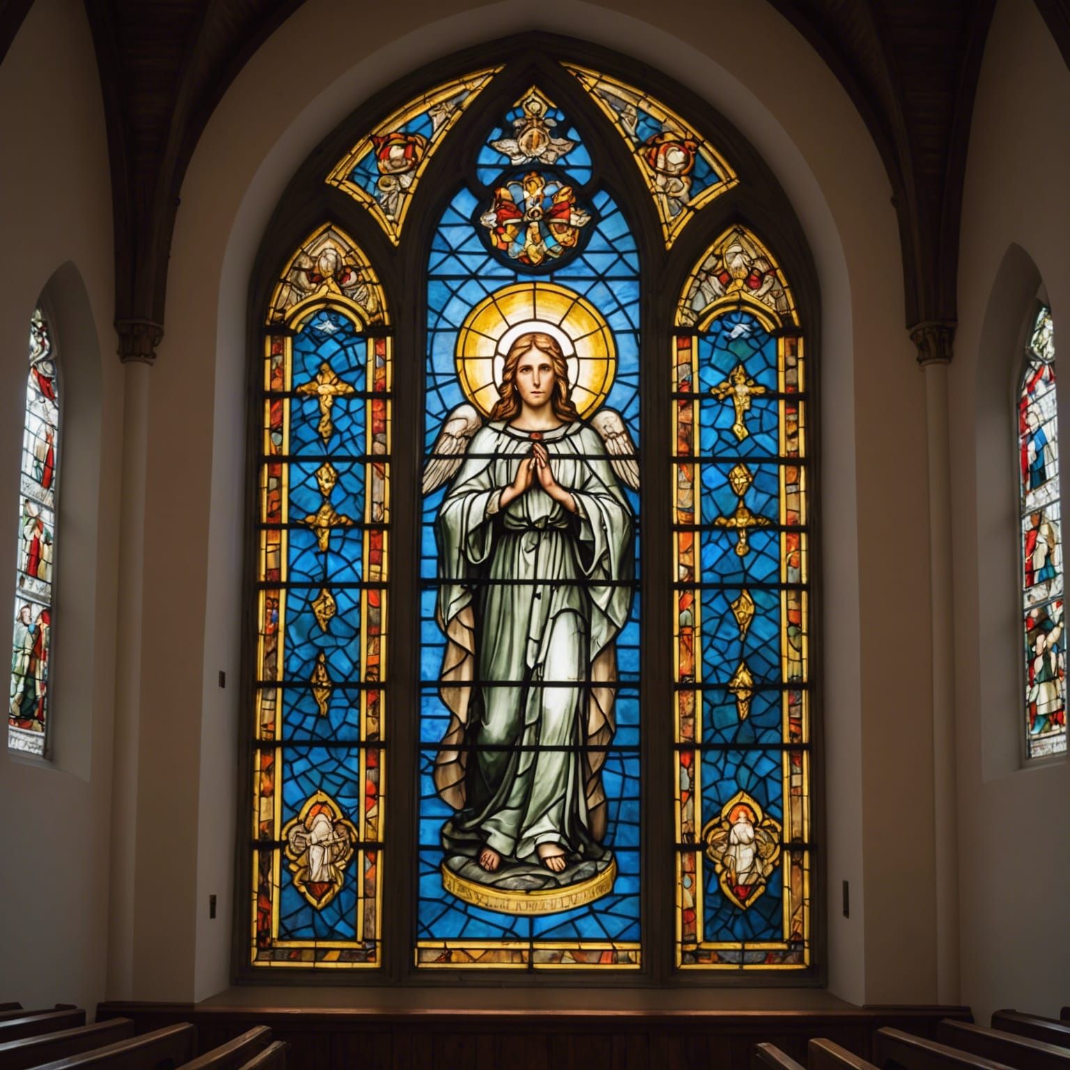 Angel Stained Glass Window in Church Interior