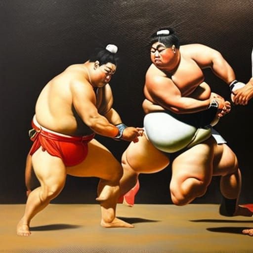 Sumo Wrestlers in Intense Oil Painting Fight