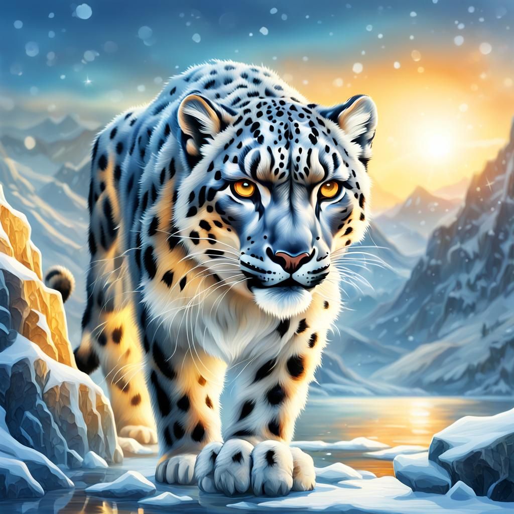 Snow Leopard Drinks in Snowy Crystal Art Landscape
