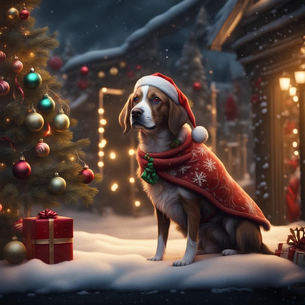 Festive Christmas Dog in Detailed Matte Painting