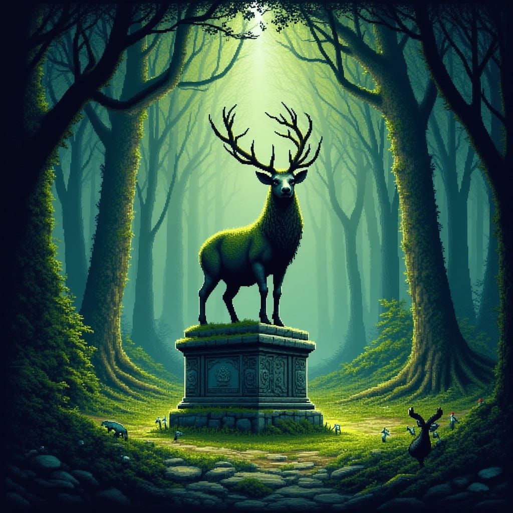 Mossy Stag Statue in Misty Forest Clearing