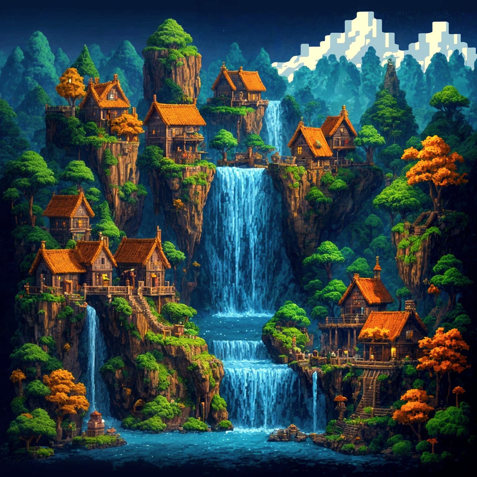 Waterfall Villages in 8-bit Pixel Art Style
