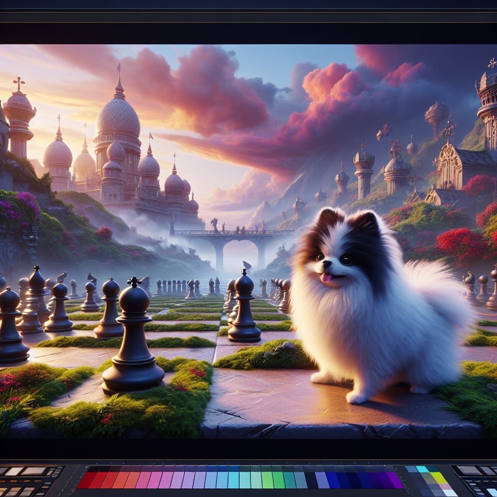 Pomeranian on Chess Board in Alice in Wonderland Style