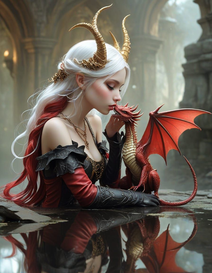 A ravishing female fairy, 3/4 profile, with long flowing light crimson platinum hair, pale crimson skin, sparkling brill...