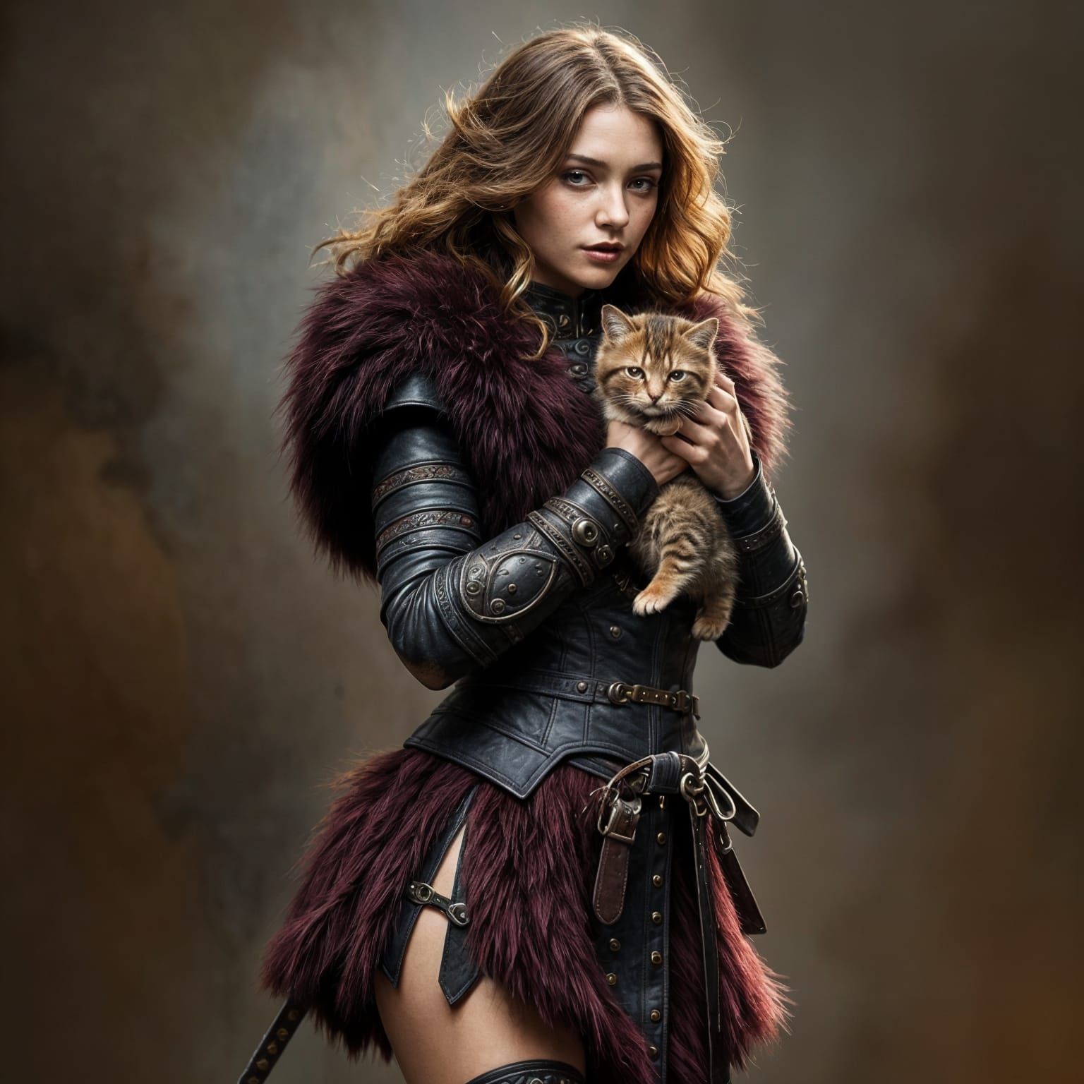 Warrior Queen with Kitten in Hyperrealistic Style