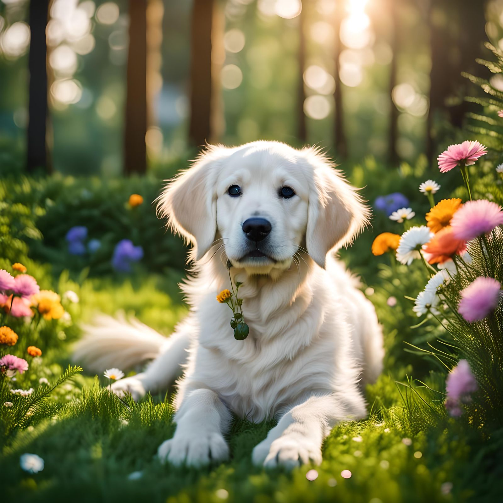 Golden Retriever Puppy Portrait in Flower Garden