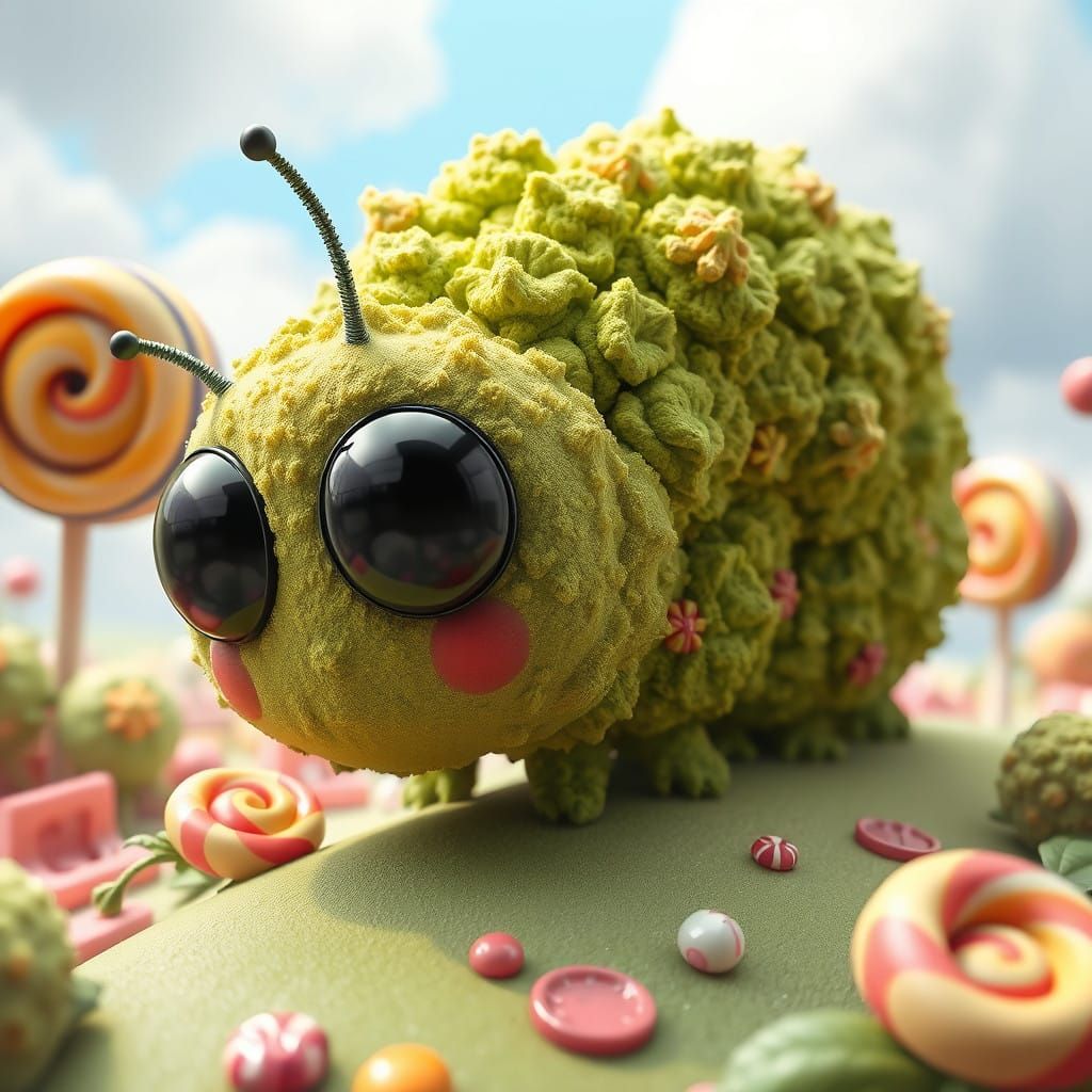 Chubby Weed Caterpillar in Whimsical Candyland Scene