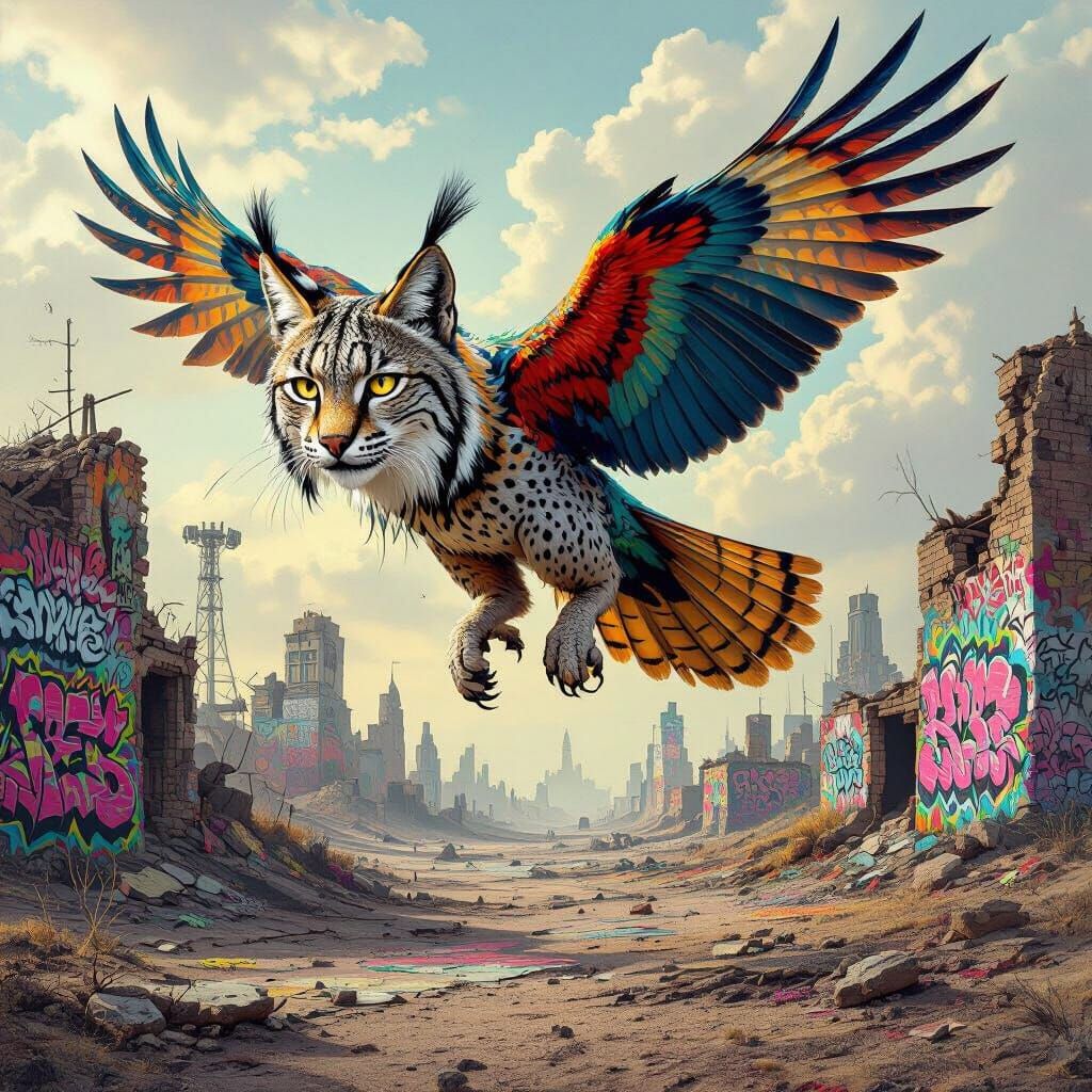 Mysterious Lynx-Parrot Hybrid Soars Over Graffiti Wasteland