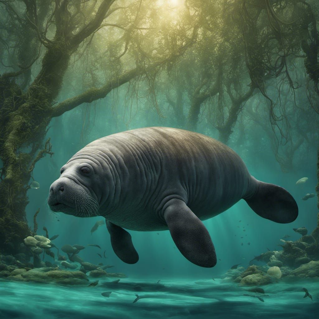 Manatee Family in Underwater Mangrove Habitat