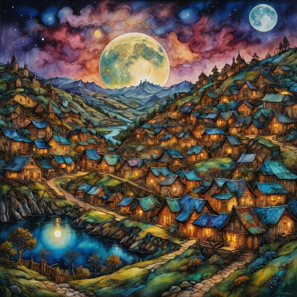 Full Moon Shines on Sleeping Village as Alcohol Ink Art