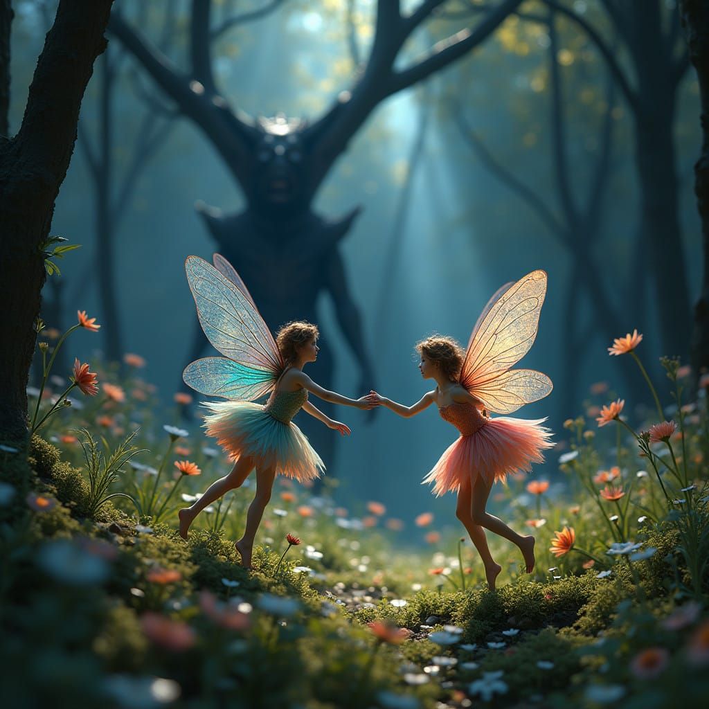 Delicate Fairies Dance in Whimsical, Moody Meadow Scene