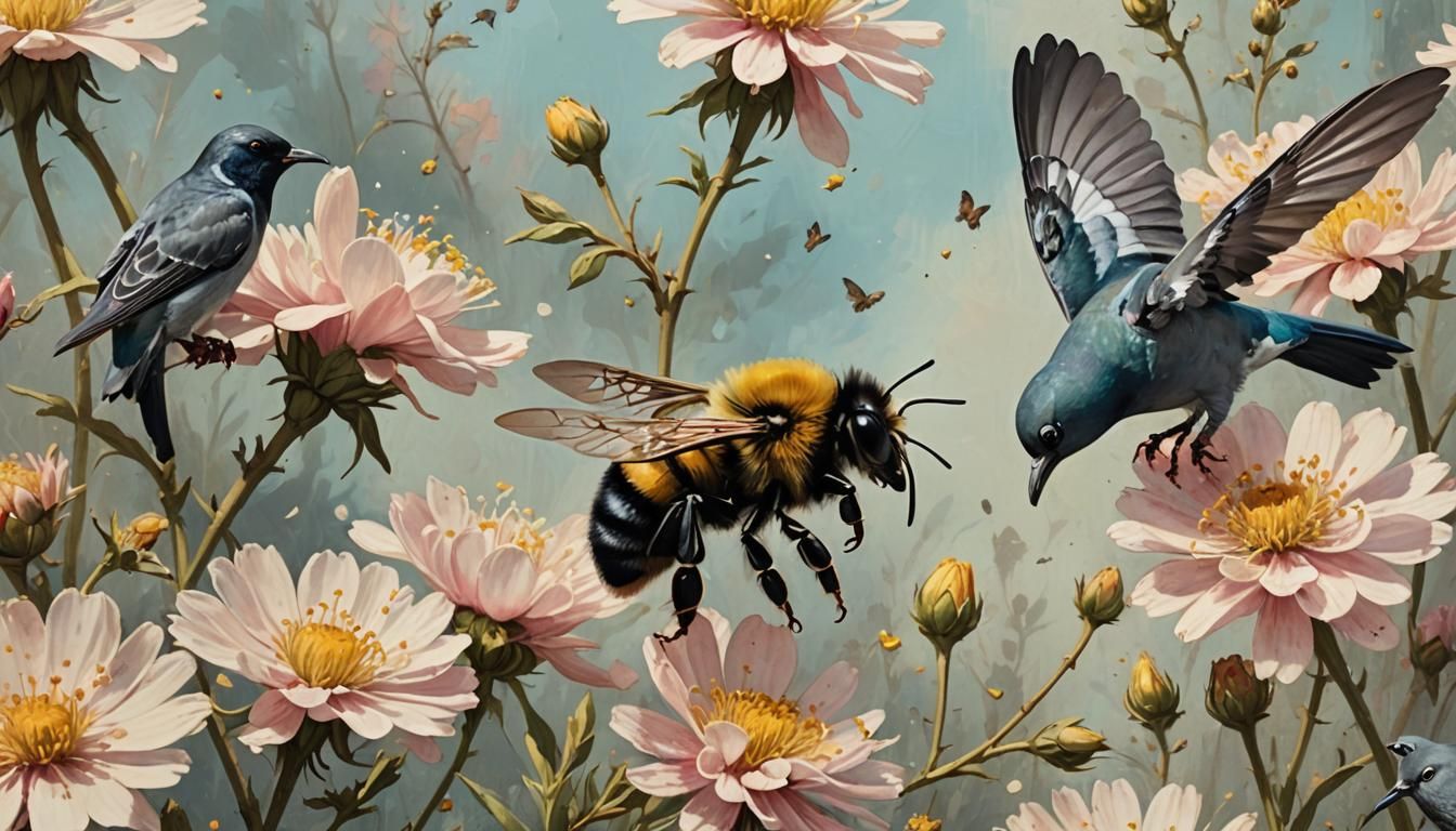 Bumblebee and Pigeon: Painterly Nature Scene