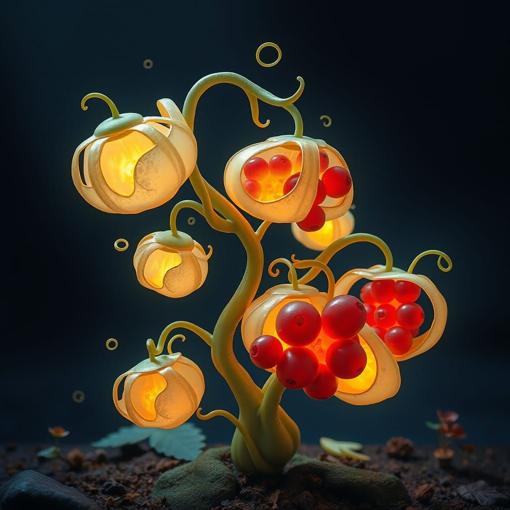 Whimsical Dreamlike Plant with Hollow Lantern Leaves and Iri...