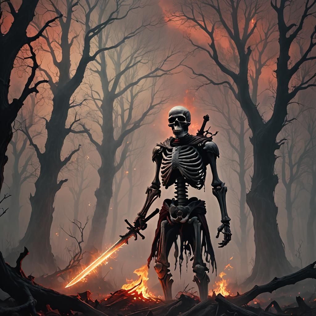 Flaming Skull Skeleton in Dark Fantasy Illustration