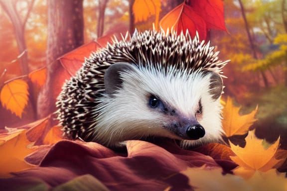 Cute Hedgehog Portrait in Autumn Leaves: Digital Illustratio...