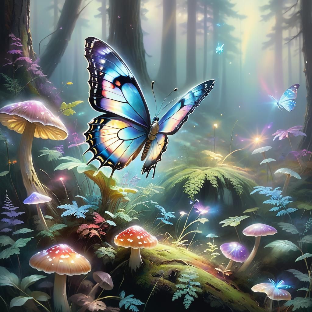Fantasy Butterfly on Glowing Mushroom in Enchanted Forest