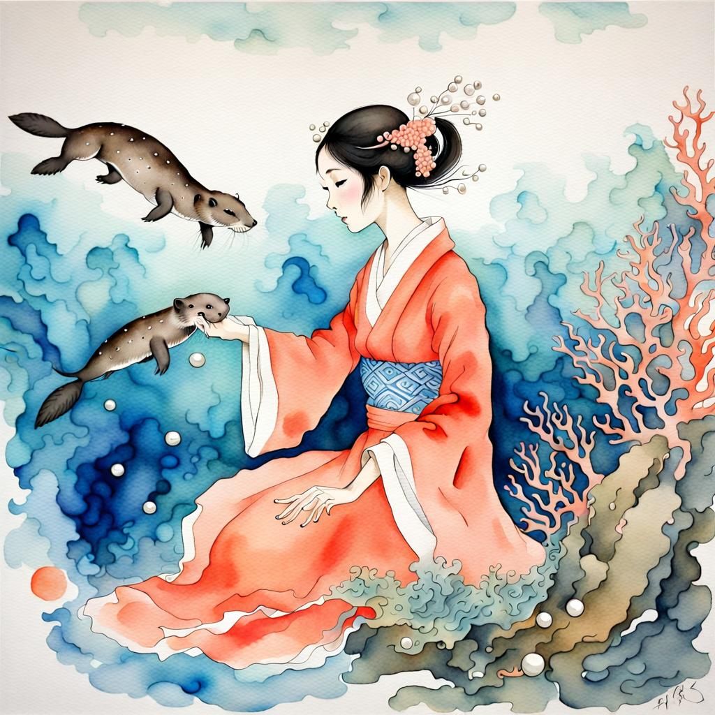 Otter Maiden's Pearl Dive: Japanese Watercolor Calligraphy