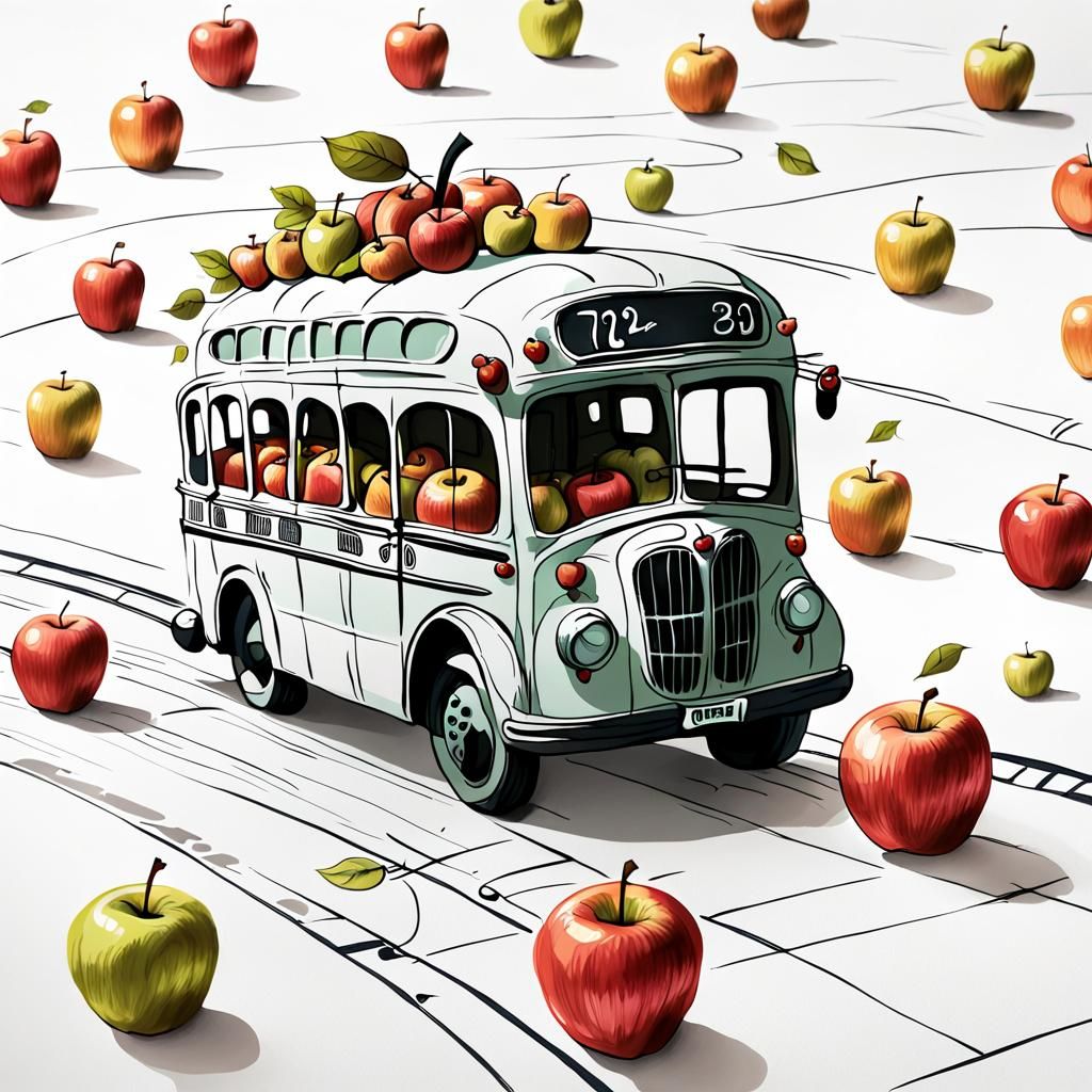 Apple Bus Cartoon Illustration on Paper