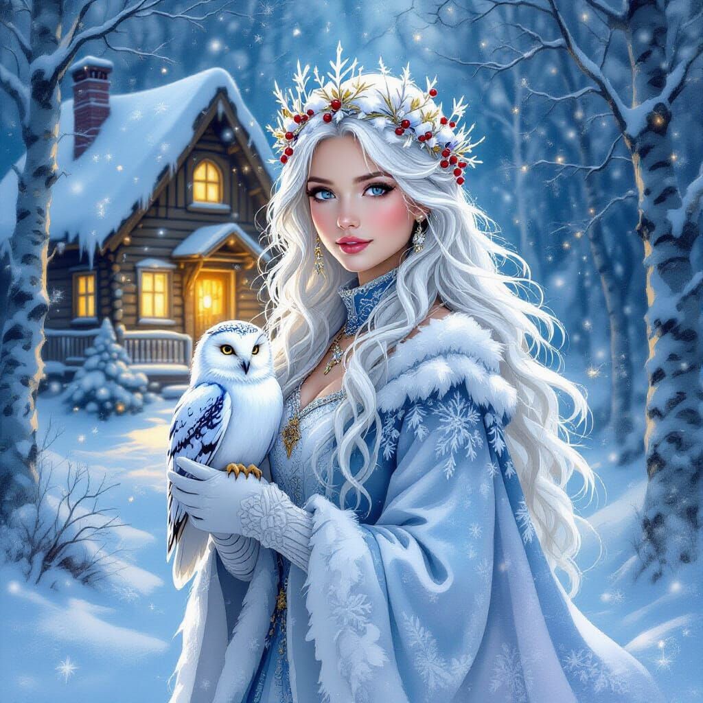 Winter Personified by a Young Woman in Watercolor Style