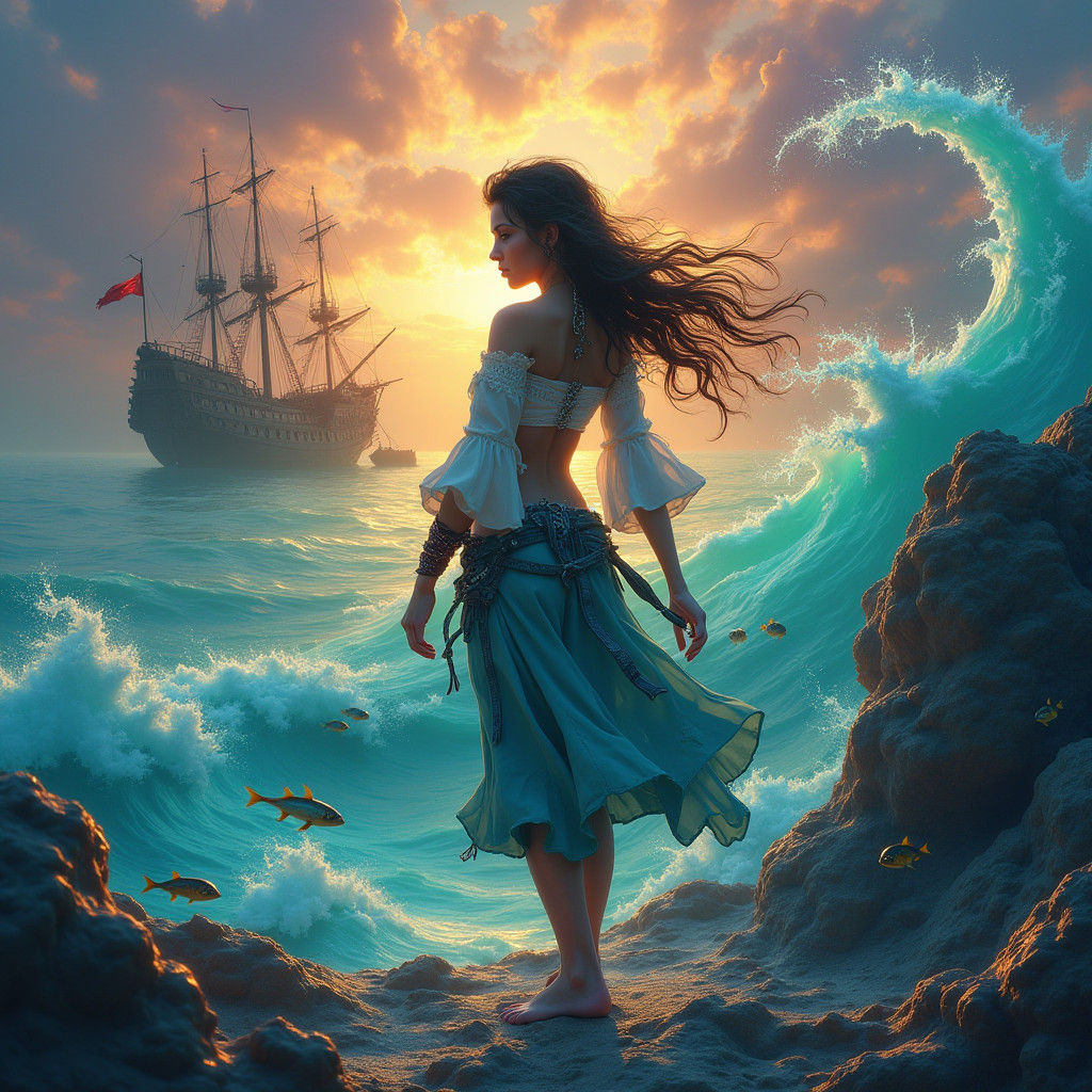 Pirate Girl on Mystical Shipwreck at Sunset