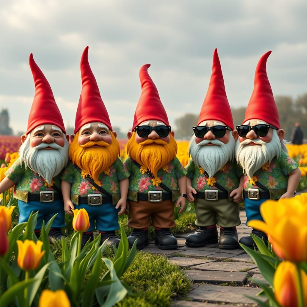 Gnomes in Vibrant Tulip Fields, Keukenhof Gardens, Netherlan...