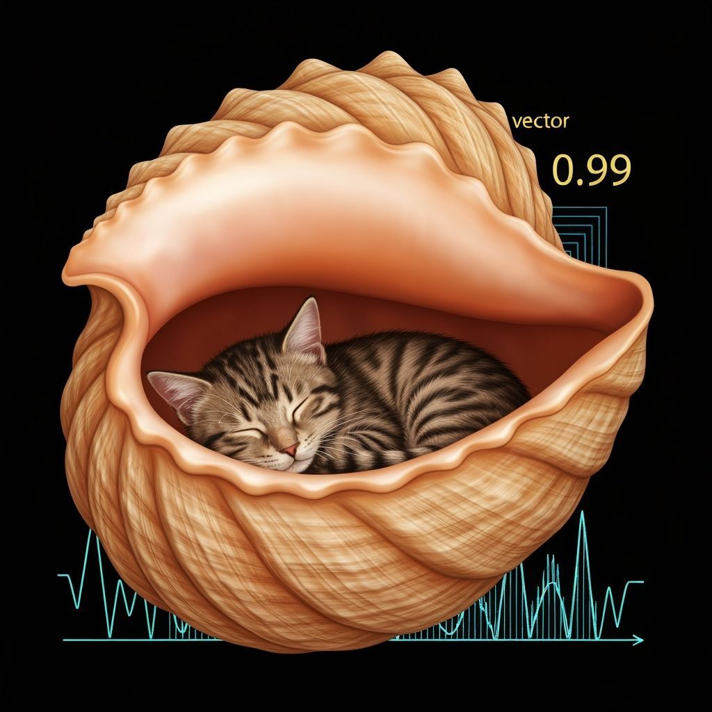 Cat Nap in Seashell with Abstract Fractal Design