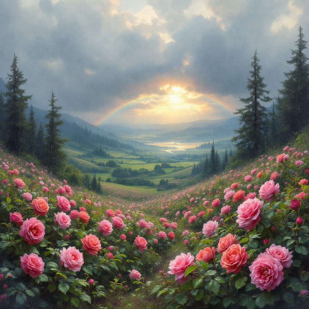 Rainbow Over Rose Valley in Classical Painting Style