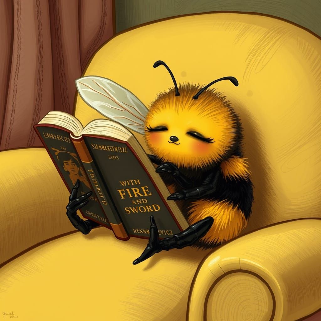 Sleepy Bumblebee Reads a Novel in Armchair