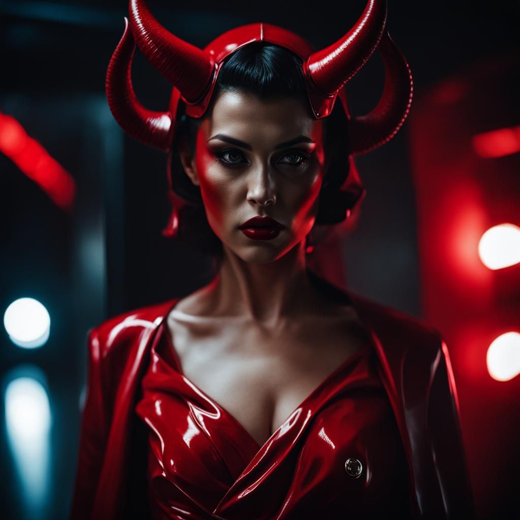 Gorgeous Devil in Red Latex Dress, Cyberpunk Style