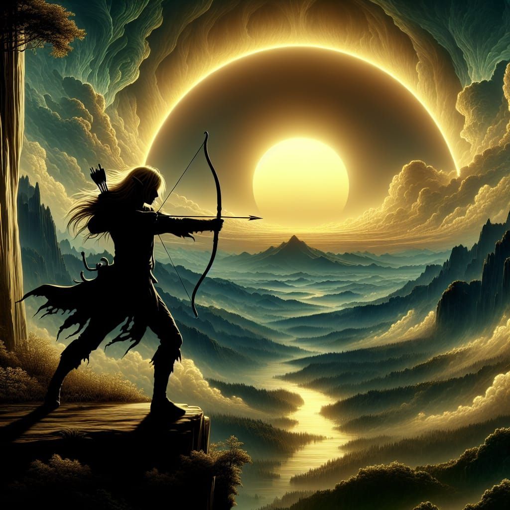 Elf Archer Silhouetted at Sunrise in Fantasy Landscape