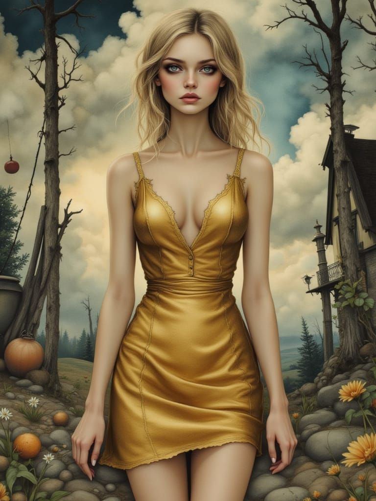 Metallic Gold Sundress Pin-Up Woman in Moody Surreal Landsca...