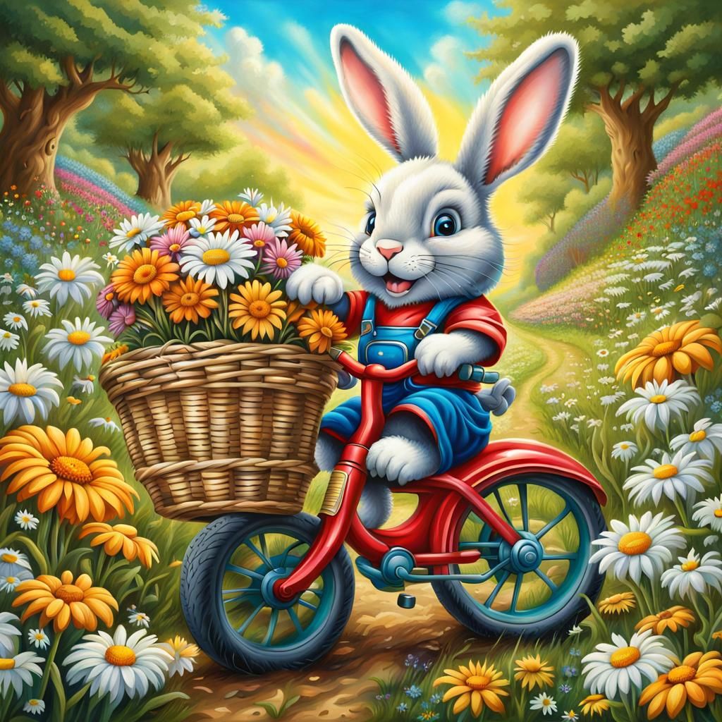 Cute Bunny on Tricycle with Daisies